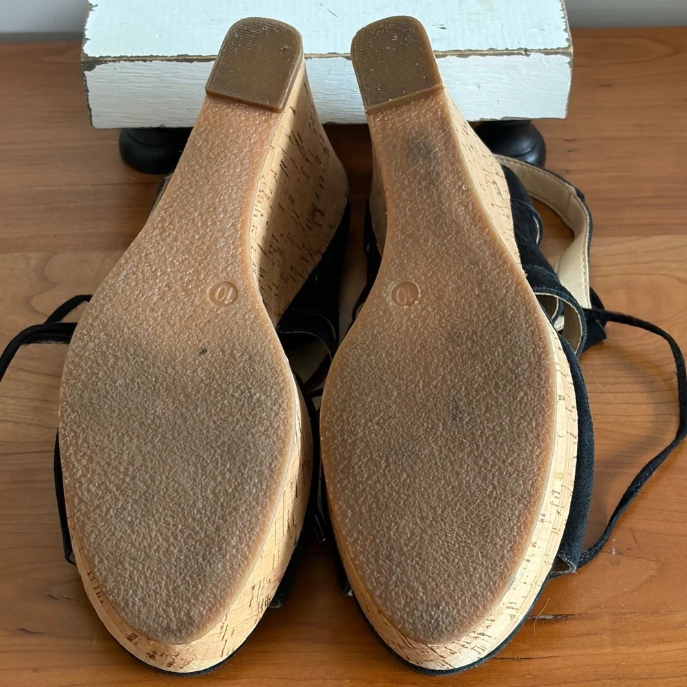 Limelight Black Faux Suede Lace Up Cork‎ Wedge Sandals Womens Size 10